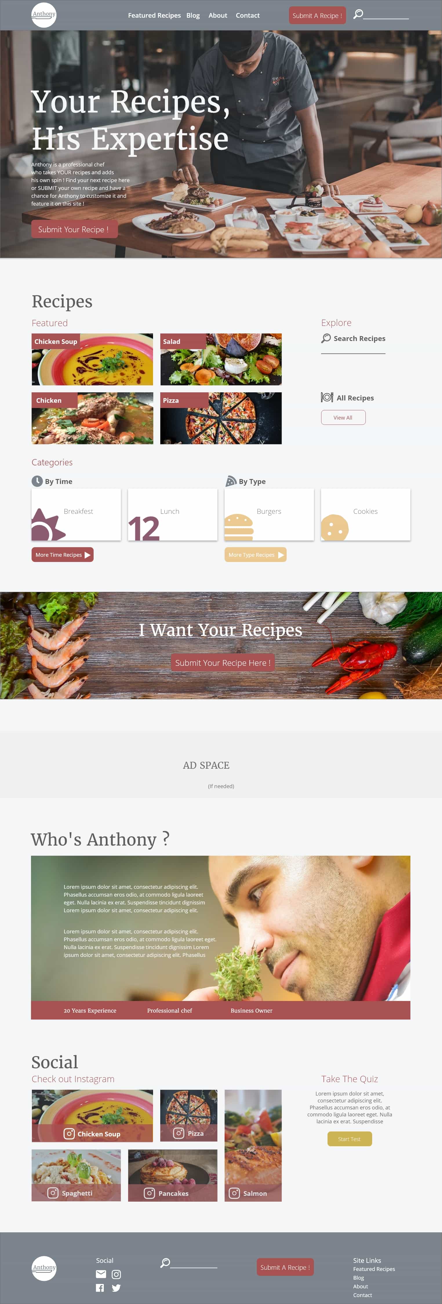 Homepage design of a chef website. Title says 'your recipes, his expertise'. Designs contains yellow, red, gray and white color. Text is included and styled. Images of a chef, pizza and food are included in designs 